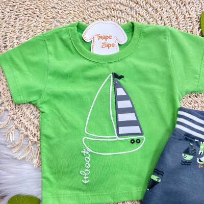 Conj. Camiseta Boat e Bermuda Pelicanos - Verde e Chumbo